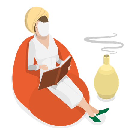 Une femme en peignoir profite de l'aromathérapie en étant allongée sur un canapé et en lisant un livre  Illustration