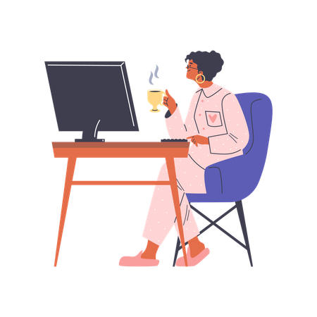 Femme en pyjama travaillant sur ordinateur à la maison tout en buvant une boisson chaude  Illustration