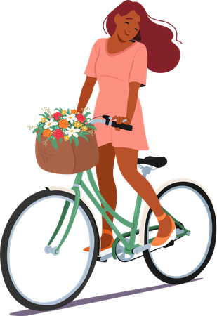 Femme en robe rose faisant du vélo avec un panier rempli de fleurs colorées  Illustration