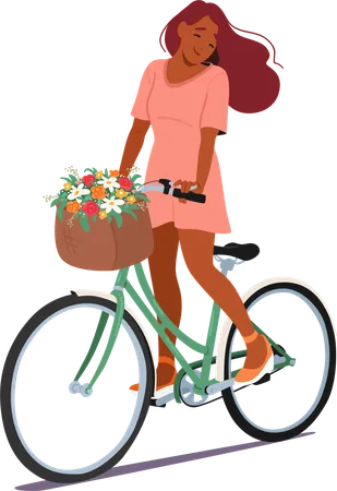 Femme en robe rose faisant du vélo avec un panier rempli de fleurs colorées  Illustration