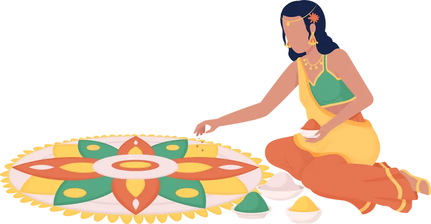 Femme en sari faisant un motif rangoli  Illustration