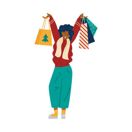 Femme en soldes d'hiver avec des sacs de courses  Illustration