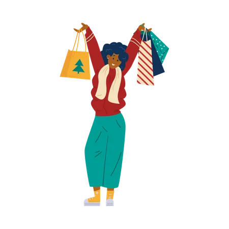 Femme en soldes d'hiver avec des sacs de courses  Illustration