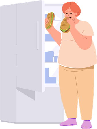 Femme en surpoids mangeant un sandwich debout devant un réfrigérateur ouvert  Illustration