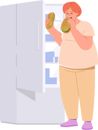 Femme en surpoids mangeant un sandwich debout devant un réfrigérateur ouvert  Illustration