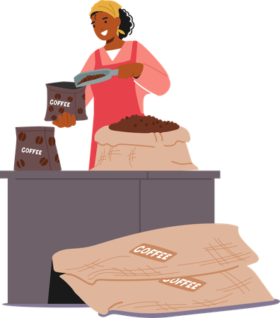 Femme en tablier rose remplissant un sac de café à partir d'un tas de grains torréfiés  Illustration