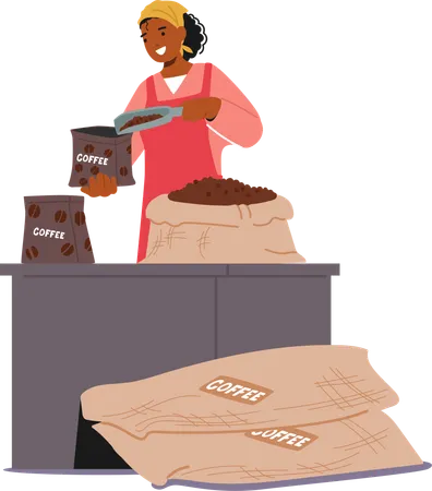 Femme en tablier rose remplissant un sac de café à partir d'un tas de grains torréfiés  Illustration