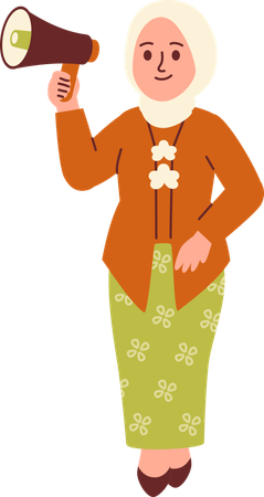 Une femme en tenue Kebaya crie au mégaphone  Illustration