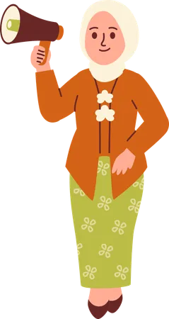 Une femme en tenue Kebaya crie au mégaphone  Illustration