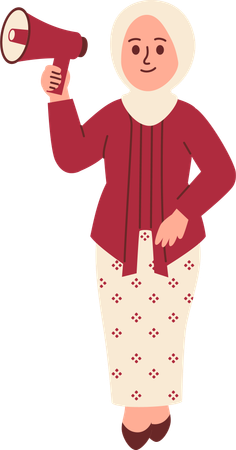 Une femme en tenue Kebaya crie au mégaphone  Illustration