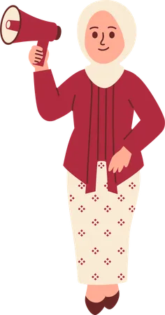 Une femme en tenue Kebaya crie au mégaphone  Illustration