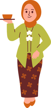 Femme en tenue Kebaya servant du thé  Illustration