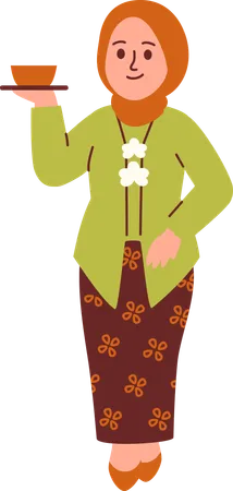 Femme en tenue Kebaya servant du thé  Illustration