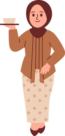 Femme en tenue Kebaya servant du thé  Illustration