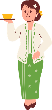 Femme en tenue Kebaya servant du thé  Illustration