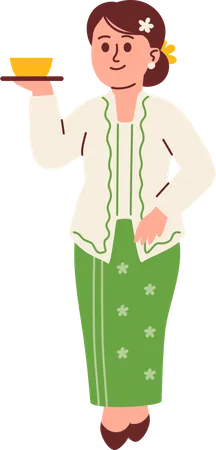 Femme en tenue Kebaya servant du thé  Illustration