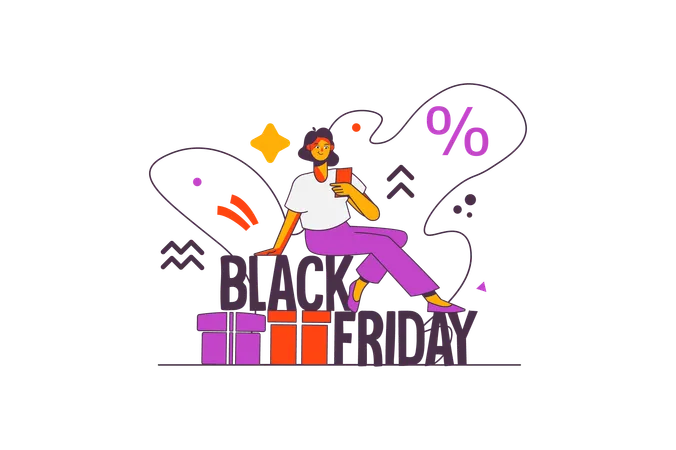 Femme faisant du shopping pendant les soldes du Black Friday  Illustration