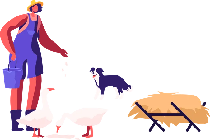 Femme en robe de travail nourrissant des oies et un stand de chien à proximité  Illustration