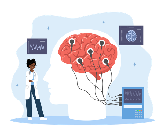 Une femme en uniforme médical examine un cerveau humain  Illustration