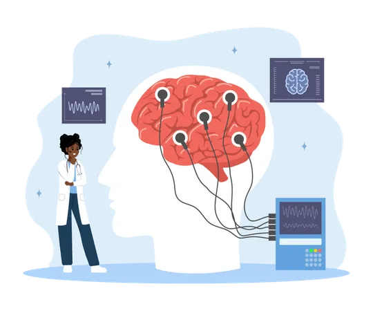 Une femme en uniforme médical examine un cerveau humain  Illustration