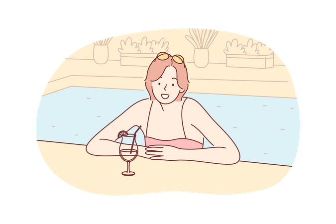 Femme en vacances se repose à la piscine de l'hôtel avec un cocktail  Illustration