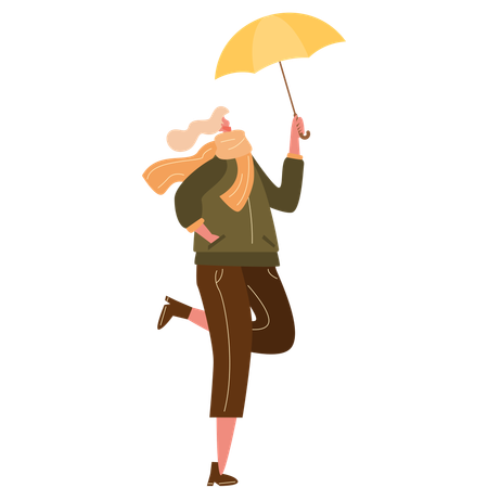 Femme en vêtements d'automne et tenant un parapluie  Illustration