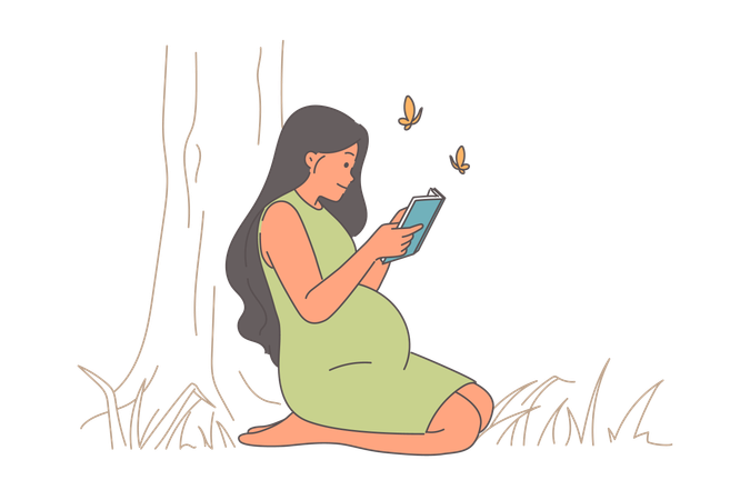 Femme enceinte assise sur la pelouse dans le parc et lisant un livre  Illustration