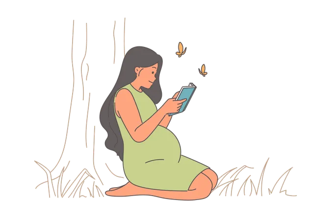 Femme enceinte assise sur la pelouse dans le parc et lisant un livre  Illustration