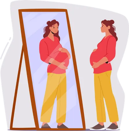 Une femme enceinte avec les mains sur le ventre se regarde dans un miroir  Illustration