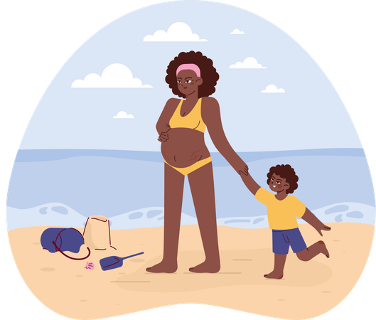 Femme enceinte avec son fils à la plage  Illustration