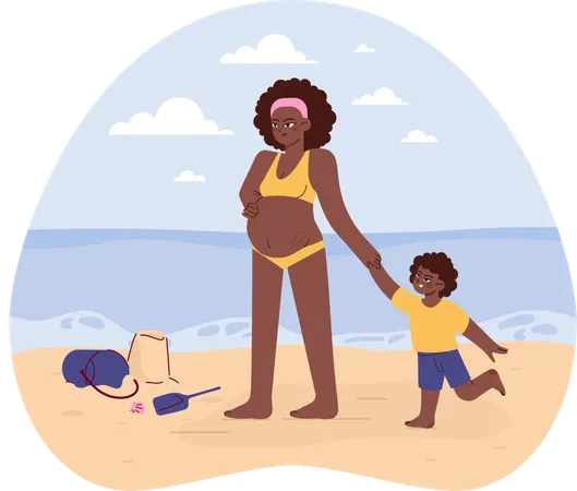 Femme enceinte avec son fils à la plage  Illustration