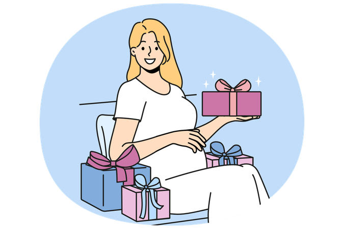 Une femme enceinte avec un coffret cadeau caresse son ventre et regarde l'écran en prévision de la naissance de son bébé  Illustration