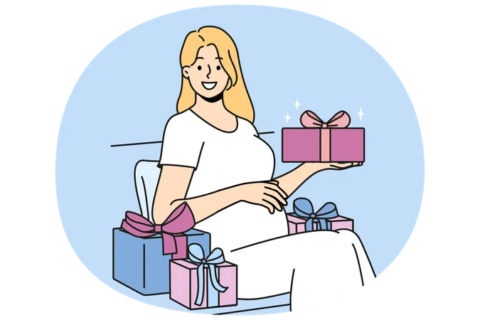 Une femme enceinte avec un coffret cadeau caresse son ventre et regarde l'écran en prévision de la naissance de son bébé  Illustration