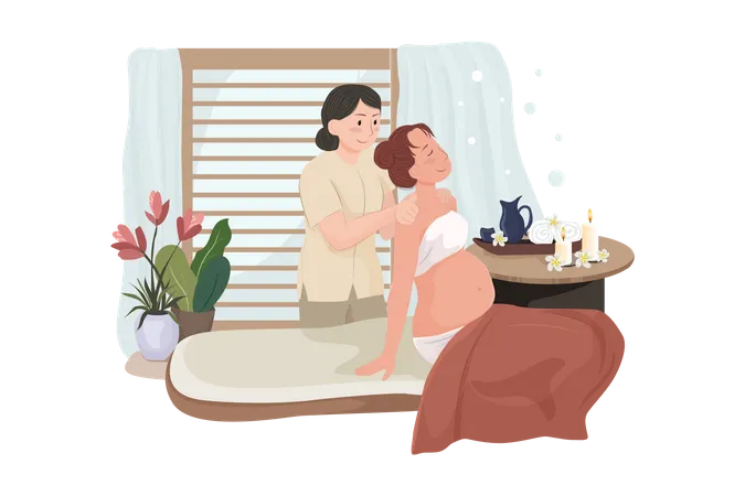 Femme enceinte ayant un massage dans un salon de spa  Illustration