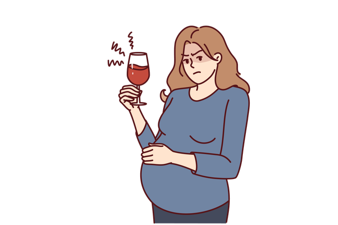 La femme enceinte boit un verre de vin  Illustration