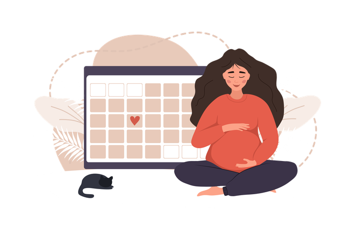 Une femme enceinte en position du lotus serre son ventre  Illustration