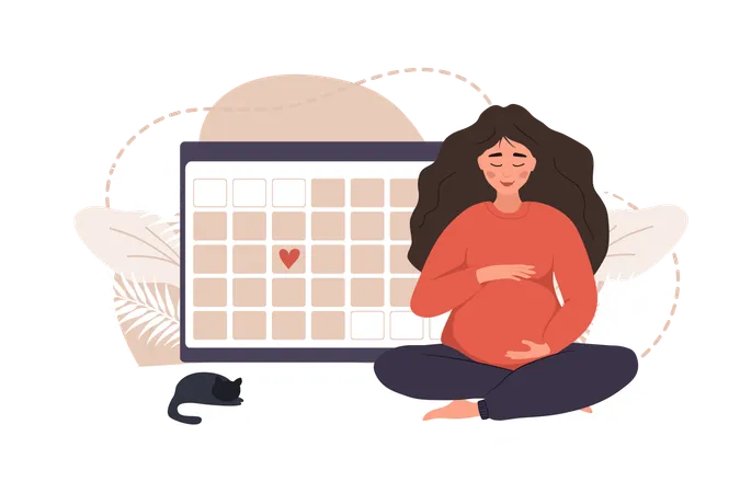 Une femme enceinte en position du lotus serre son ventre  Illustration