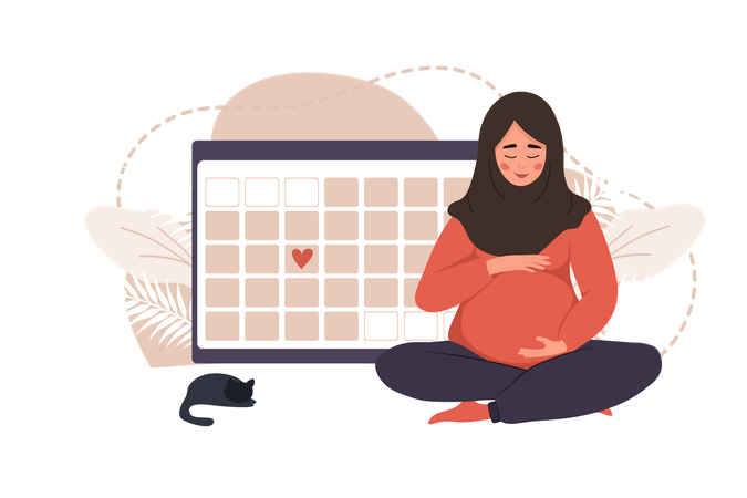 Une femme enceinte en position du lotus serre son ventre  Illustration