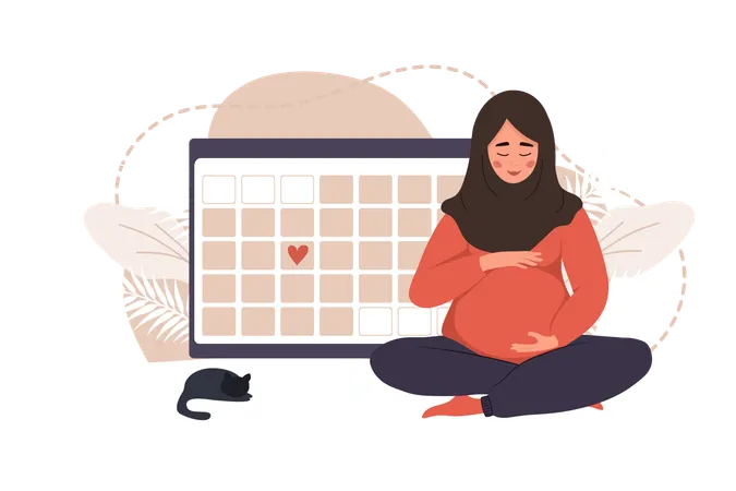 Une femme enceinte en position du lotus serre son ventre  Illustration