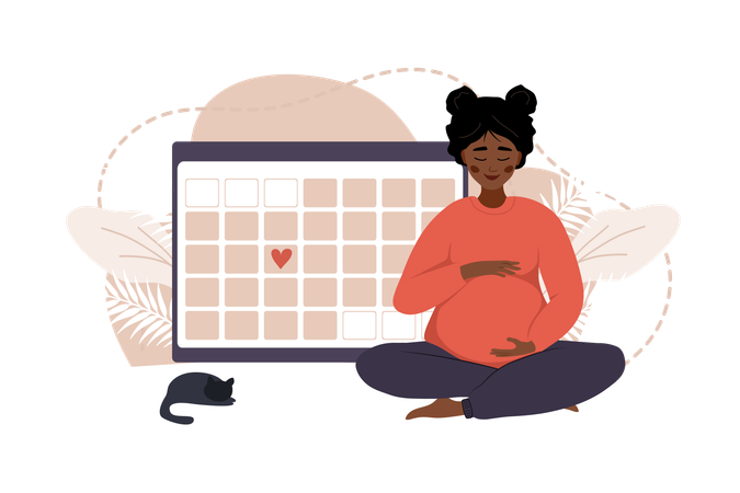 Une femme enceinte en position du lotus serre son ventre assise près d'un grand calendrier  Illustration