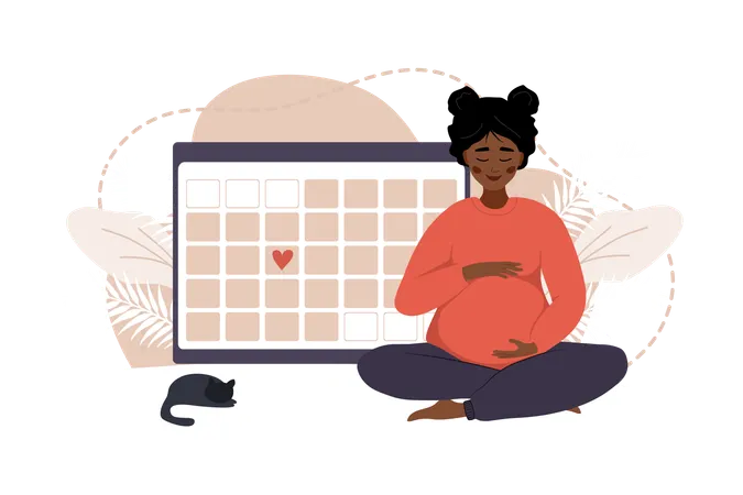 Une femme enceinte en position du lotus serre son ventre assise près d'un grand calendrier  Illustration