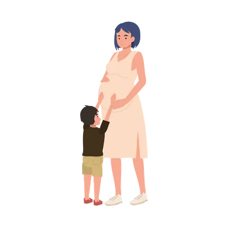 Femme enceinte et fils caressant le ventre de maman  Illustration