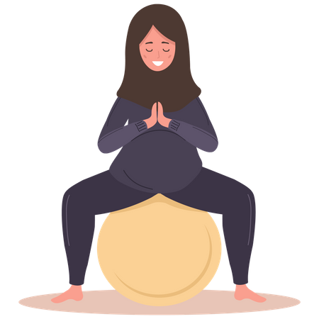 Femme enceinte faisant des exercices de yoga à l'aide d'un ballon de gymnastique  Illustration