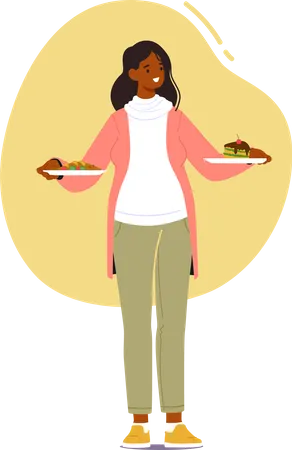 Femme enceinte faisant le choix entre des repas sains et malsains debout dans la cuisine avec deux assiettes  Illustration