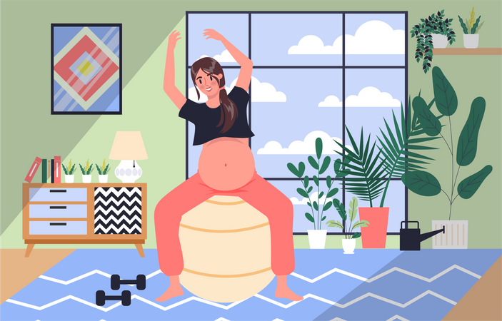 Femme enceinte faisant de l'exercice à l'aide d'un ballon de gymnastique  Illustration
