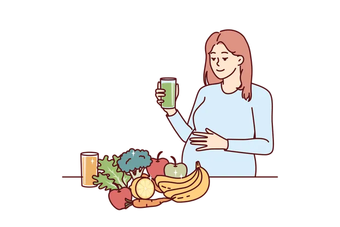 La femme enceinte mange des aliments sains  Illustration