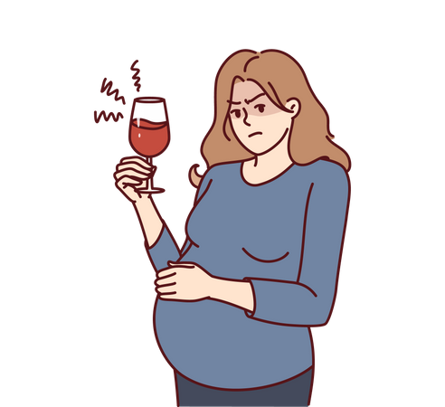 Femme enceinte pensant à boire du vin  Illustration