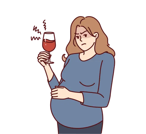 Femme enceinte pensant à boire du vin  Illustration