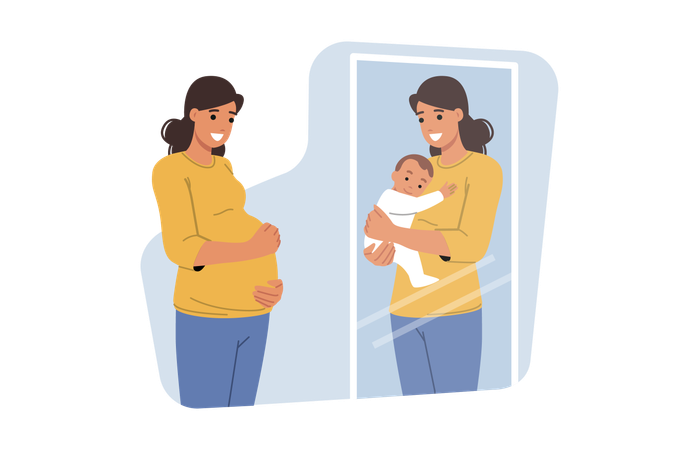 Une femme enceinte se regarde dans le miroir et voit dans son reflet un magnifique bébé dans ses bras  Illustration