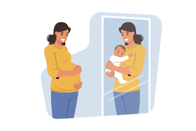 Une femme enceinte se regarde dans le miroir et voit dans son reflet un magnifique bébé dans ses bras  Illustration